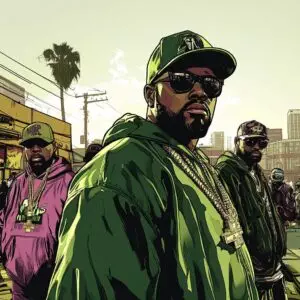 Illustrated scene of three men in urban attire with hats and sunglasses, standing on a city street. A palm tree and buildings are visible in the background, hinting at the bustling life around the corner where MOON MUTT Recording Studio captures the vibrant sound of local musicians.
