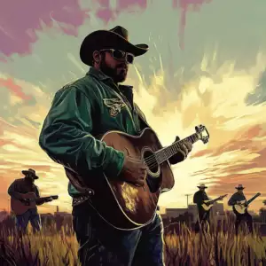 A man in a cowboy hat and sunglasses plays an acoustic guitar, with three others in the background under a dramatic sunset sky.