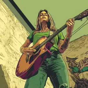 Stylized image of a person playing an acoustic guitar, wearing a green shirt and ripped jeans, standing against a wall with graffiti under a green sky.