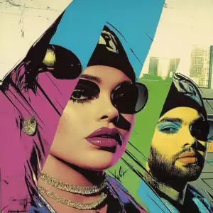 Pop art portrait of a woman and man with bold colors and geometric shapes. The woman wears sunglasses and jewelry, while the man has a beard and beanie. Posters and cityscape in the background.