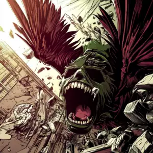 A roaring creature with sharp teeth and large wings emerges amid debris, against a backdrop of a bright light and scattered building elements.